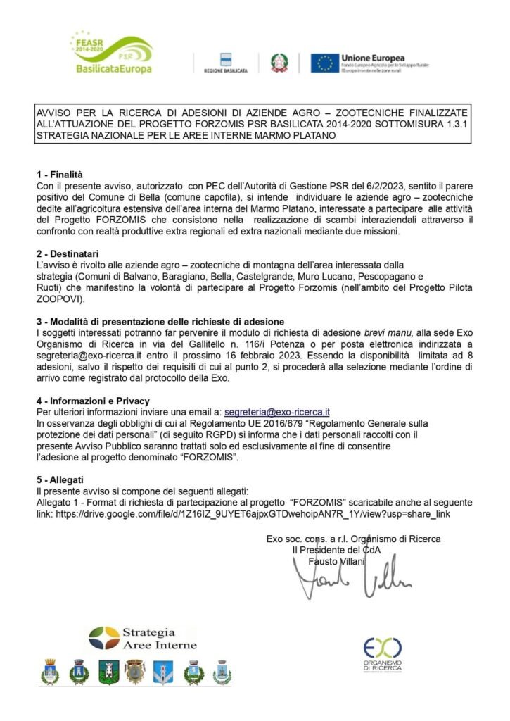 Progetto forzomis - avviso per la ricerca di adesioni di aziende agro-zootecniche finalizzate all'attuazione del progetto "forzomis" psr basilicata 2014-2020 sottomisura 1. 3. 1 strategia nazionale per le aree interne marmo platano - comune di ruoti